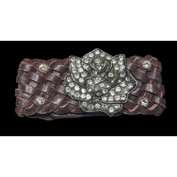 Cowgirl Glam Floral Braided Leather Rhinestone Bracelet - Picture 1 of 14